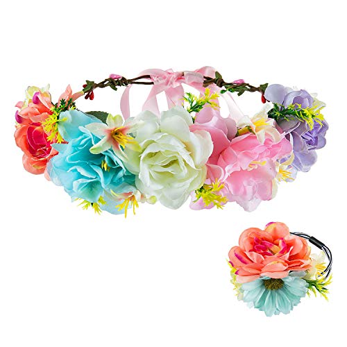 MOOKLIN Diadema con Banda de Muñeca Conjunto, Diademas de Flores Floral Garland Corona de Pelo de Multicolor con Cinta Elástica Ajustable para Mujer niña