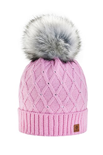 Morefaz - Gorro de invierno de forro polar para mujer con cristales y pompón multicolor rosa M/L