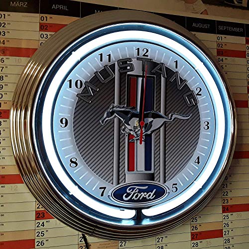 Neon reloj Neon Clock Ford Mustang Carbon Garage sign – Reloj pared iluminado con blancas Neon Anillo.