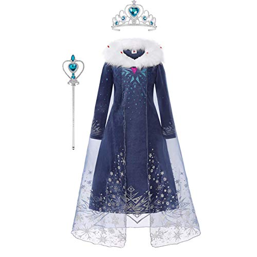 O.AMBW Elsa Disfraz Chica Reina de Las Nieves Disfraz de Princesa Collar de Felpa Vestido de Cintura de Manga Larga Azul Disfraz de Disfraces con Corona Varita mágica 100-150 cm