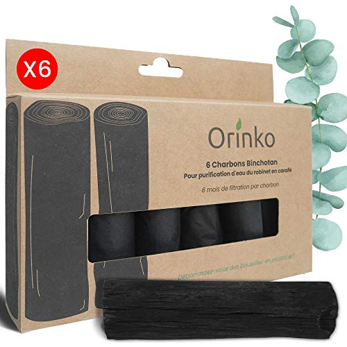 Orinko - Lote de 6 carbón activo Binchotan tradicional para purificación de agua en jarra [Satisfacto o acolchado]
