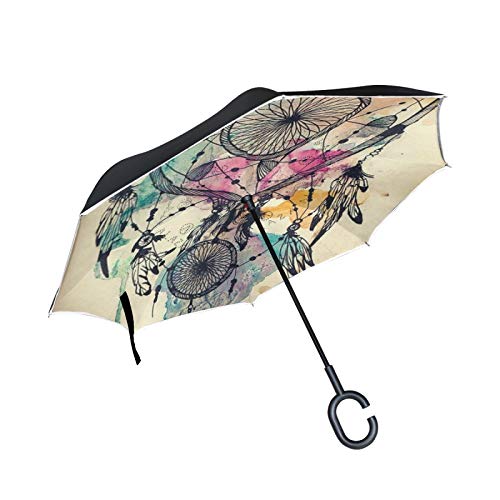 Paraguas invertido de Doble Capa, a Prueba de Viento, para Exteriores, para Lluvia, Sol, para automóvil, con Mango en Forma de C, Campanas de Viento de Plumas