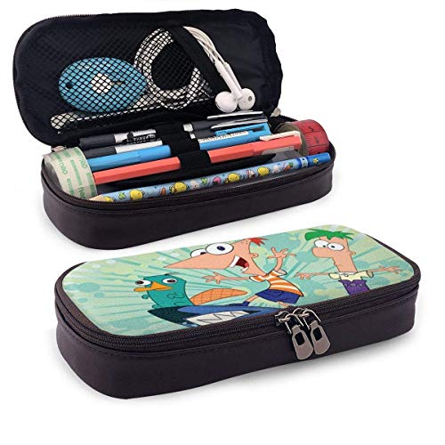 Phineas and Ferb Estuche de cuero para lápices para niñas, niños, escuela, oficina, estuche para bolígrafos, estuche para lápices, papelería