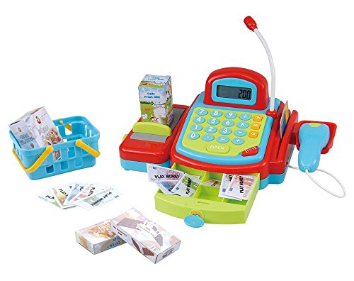 PlayGo 3215 - Caja con Cinta transportadora Manual, calculadora electrónica, Tarjeta de crédito y un cajón con Cerradura con el Dinero, incluida la Cesta de la Compra con Accesorios