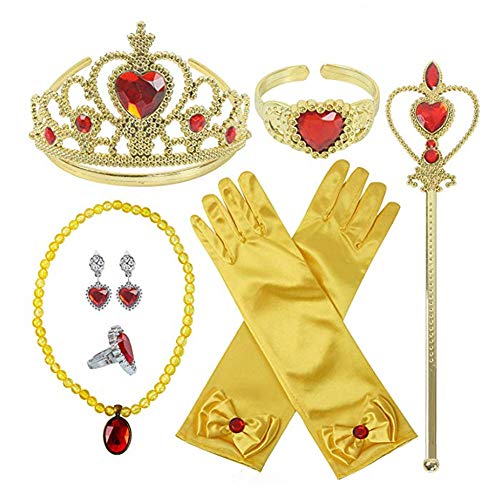 Pveath Princess Dress Up Accessories Set para Accesorios de Disfraces para niñas, Incluye Princess Crown, varitas, Pulsera, Anillos, Collar, Guantes, Pendientes, 9 Piezas (Amarillo)