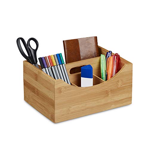 Relaxdays bambú organizador de escritorio, soporte para el lápiz, 4 compartimentos, asa, Natural Madera Grano, tamaño: aprox. 12 x 25 x 18 cm), color marrón Relaxdays bambú organizador de escritorio, soporte para el lápiz, 4 compartimentos, asa, Natural Madera Grano, tamaño: aprox. 12 x 25 x 18 cm), color marrón