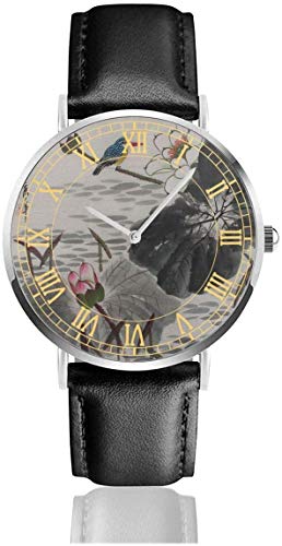 Reloj Pintado a Mano Hermoso Loto Chino Pintura Relojes de Pulsera únicos de Cuarzo de Acero Inoxidable y Cuero de la PU para Unisex