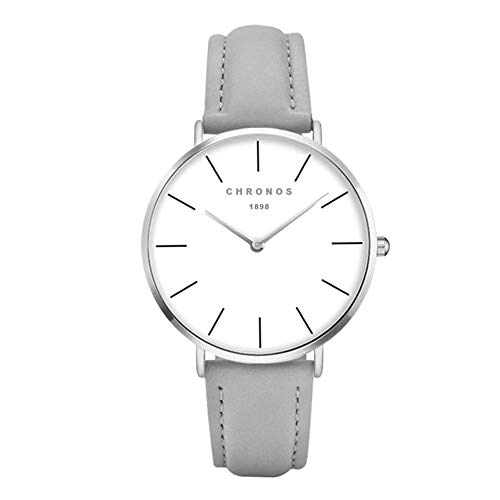 Relojes Mujer y Hombre Ultradelgado Cuero Clásico, Gris-Plata