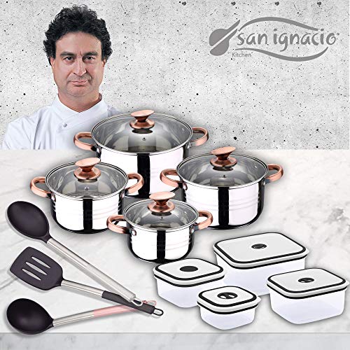 San Ignacio Premium - Bateria de 8 piezas, 4 fiambreras y 3 Utensilios, acero inoxidable, color cobre, 1.9L -2.7L -3.5L-5.1L San Ignacio Premium - Bateria de 8 piezas, 4 fiambreras y 3 Utensilios, acero inoxidable, color cobre, 1.9L -2.7L -3.5L-5.1L