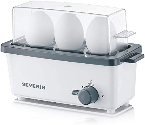SEVERIN EK 3161 Cuecehuevos, incluye vaso de medida con punzón para huevos, 3 huevos, señal de aviso, blanco/gris