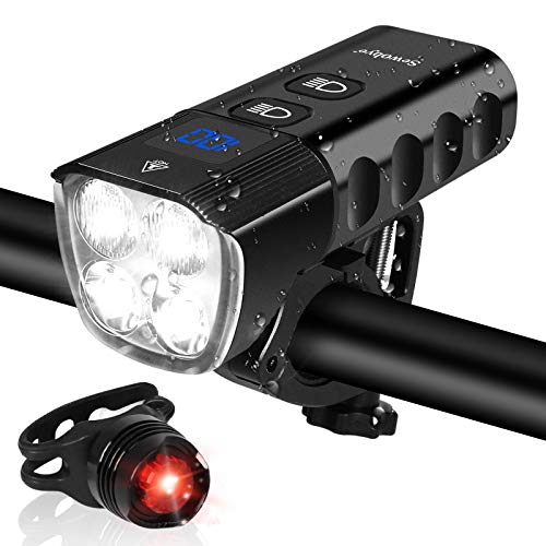 SEWOBYE Luz Bicicleta Delantera y Traseras, 2000 Lúmenes 4*XPG-3 LED Luces Bicicleta Potentes con Pantalla LED, 6400 mAh Batería Grande Luz LED Bicicleta para MTB, Bicicleta Carretera(Black)