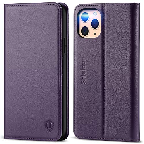 SHIELDON Funda iPhone 11 Pro, Funda de Cuero Genuino con Auto Wake/Sleep, Bloqueo RFID, Carcasa de TPU, Ranura para Tarjeta, Carcasa Protectora para iPhone 11 Pro (5.8 Pulgadas 2019), Púrpura