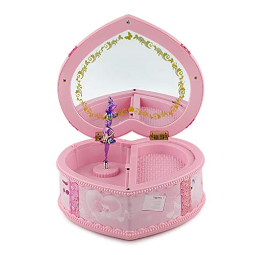 Sipobuy Caja de almacenaje de joyería Musical de para niña con Bailarina giratoria, con Forma de corazón con un Bonito Color Rosa, con luz y Espejo