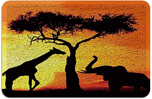 Sombras de Elefante Africano y Jirafa Sunset Felpudo de PVC Alfombras con Respaldo de Goma Alfombras de Piso Alfombra Antideslizante para Puerta de Entrada Interior Exterior Safari Naranja Negro
