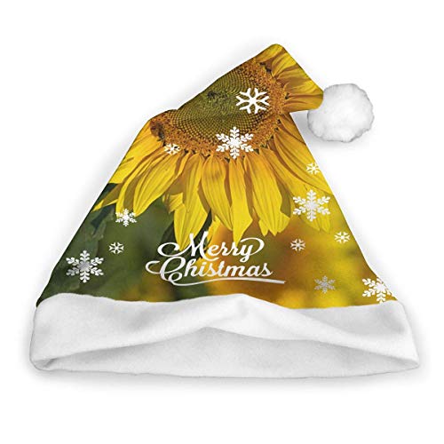 Sombrero de Papá Noel del Bosque Verde y Amarillo Gorro de Papá Noel de Navidad de Felpa Corta con puños Blancos Sombrero de Navidad de Tela de Felpa para Adultos