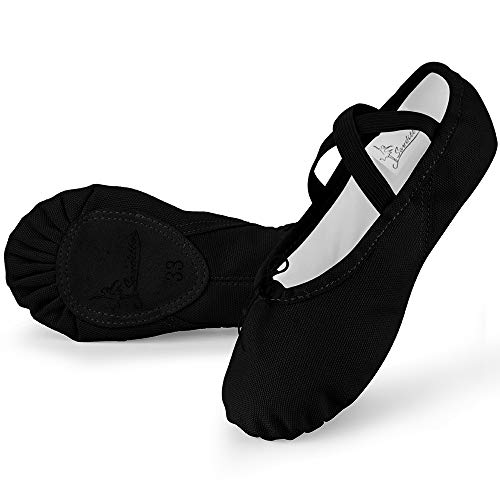 Soudittur Zapatillas Media Punta de Ballet - Calzado de Danza para Niña y Mujer Adultos Negras Suela Partida de Cuero Tallas 25