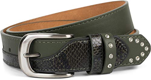 styleBREAKER cinturón de mujer con estrás y detalles en óptica de piel de serpiente, acortable 03010102, tamaño:85cm, color:Verde oliva
