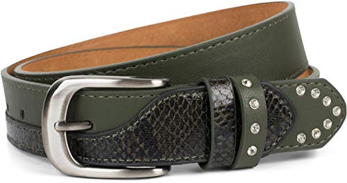 styleBREAKER cinturón de mujer con estrás y detalles en óptica de piel de serpiente, acortable 03010102, tamaño:85cm, color:Verde oliva styleBREAKER cinturón de mujer con estrás y detalles en óptica de piel de serpiente, acortable 03010102, tamaño:85cm, color:Verde oliva