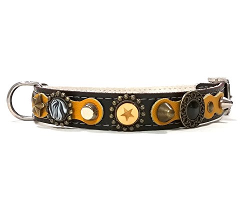 Superpipapo Original Collar para Perros, Todas Las Tallas, Correa Opcional, Cuero Amarillo, Negro y Plata Brillante con Piedras y Ornamentos, Pequeño, 40 cm XS-Wide: Cuello 25-30 cm, Ancho 28mm