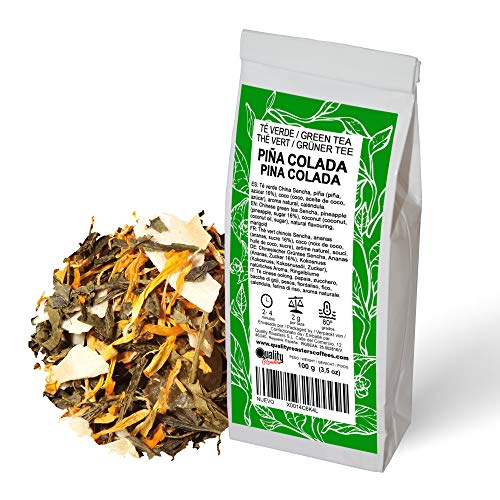 Té Verde. Piña Colada. Sabor a Piña y Coco. Con piña (16%), coco y caléndula. Antioxidante. Diurético. 100 gramos