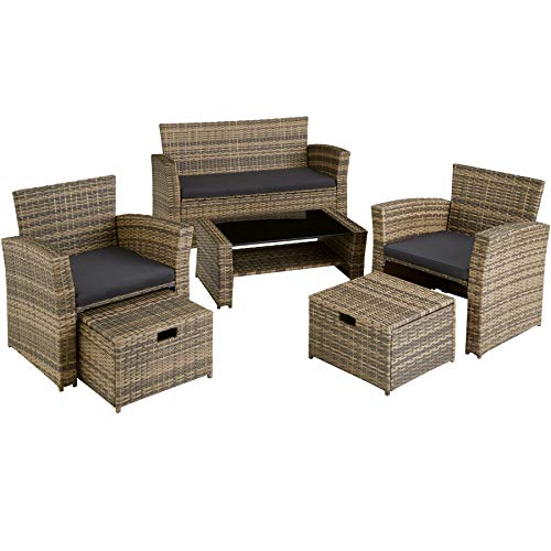 TecTake 800719 Conjunto de Ratán, 1 Sofá 2 Sillones 2 Taburetes 1 Mesa, Protección UV, Estructura de Acero, Incl. Cojines Impermeables (Natural | No. 403719)