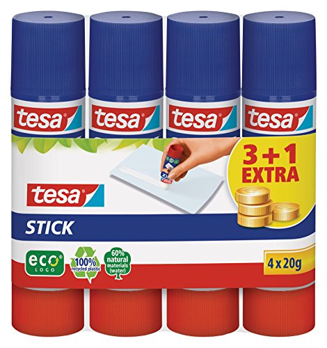 Tesa Stick Lote de Pegamentos de Barra (3 Unidades + 1 Gratis, 20 G), Color Blanco