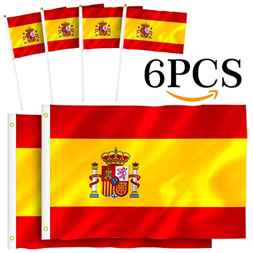 Th-some Bandera de España - 2 Pcs Bandera España Grande, 4 Pcs Bandera España Pequeña, Resistente a la Intemperie (2Pcs 90 x 150 cm + 4Pcs 14 X 21cm) JAANY