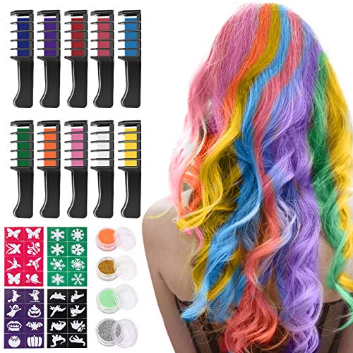 Tiza de Pelo, Kastiny 10 Colores Temporales de Cabello, Tinte para Cabello No Tóxico, Lavables Color, con Brillo de Tatuaje de Tiza Para Niños DIY Fiesta y Cosplay