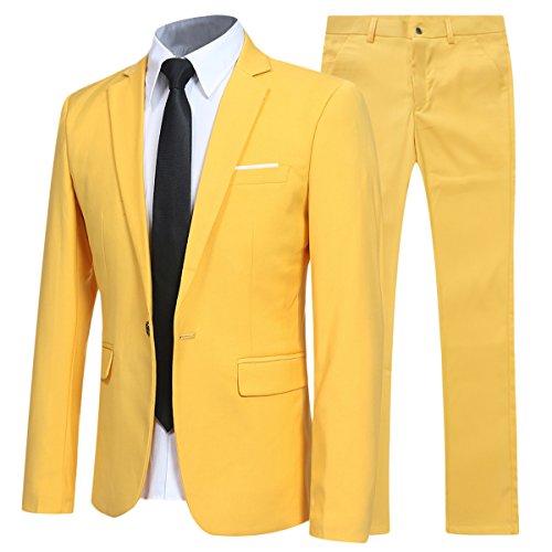 Traje de 2 piezas para hombre compuesto por chaqueta y pantalones, ajuste estrecho, para boda, cena,negocios, casual, disponible en 10 colores Amarillo Color amarillo. Large