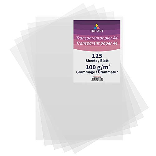 Tritart 125 Hojas Papel Transparente Blanco A4 de 100 g/m² Papel Translúcido Calco e Impresión en ambos lados para Manualidades, Bosquejos, Sketchs, y más Tritart 125 Hojas Papel Transparente Blanco A4 de 100 g/m² Papel Translúcido Calco e Impresión en ambos lados para Manualidades, Bosquejos, Sketchs, y más