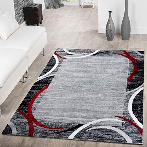 T&T Design Alfombra De Salón Moderna Económica con Ribete Semicírculos Jaspeada Gris Rojo, Größe:120x170 cm T&T Design Alfombra De Salón Moderna Económica con Ribete Semicírculos Jaspeada Gris Rojo, Größe:120x170 cm