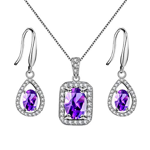 Uloveido 925 plata esterlina púrpura amatista cristal colgante collar y aretes conjunto de joyas de piedras preciosas para mujer FT001
