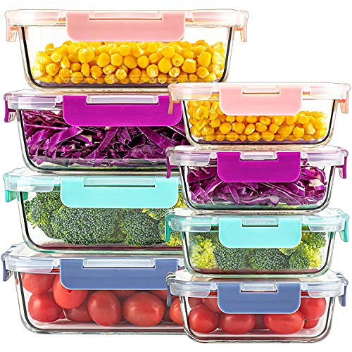 UMIZILI [8 unidades, 4 colores] Tarros de almacenamiento de alimentos con pestañas coloridas, cajas para comida prepida, a prueba de fugas y Airtight