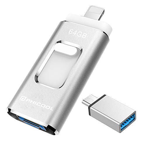 Unidad Memoria Flash USB 3.0 64 GB Memoria Lápiz Drive OTG PHICOOL [4 en 1] con Type C Conector USB Mirco Expansión de Memoria para iPhone, iPad, Android, PC - Plata