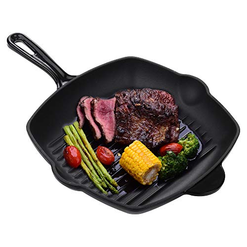 Velaze Sartén de Hierro Fundido, Sarten de Esmalte Cuadrada Pre-Seasoned de Negro para Cocina con Gas, Horno y Inducción, Alta Calicidad de Hierro Fundido con Mango de Sarten, Cuadrado - 28cm