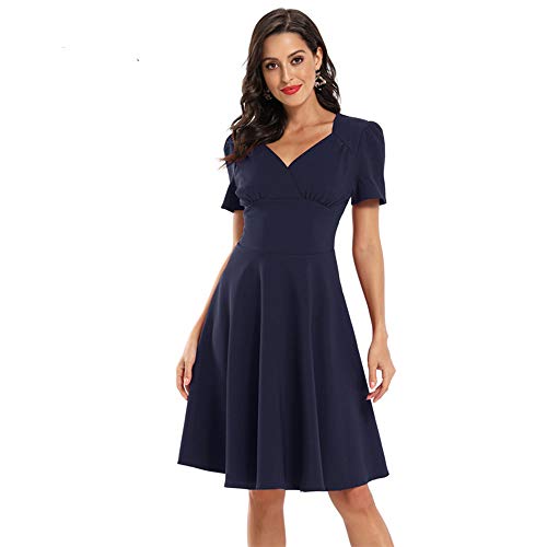 Vestido De La Vendimia De Las Mujeres, Abrigo Vestidos Plisados ​​Oscilación Cuello En V, De Algodón Color Sólido,Dark Blue,M