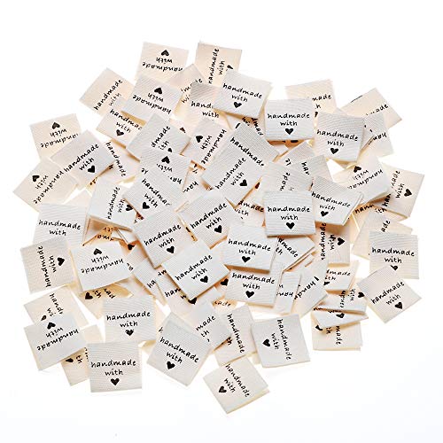 VINFUTUR 100pcs Etiquetas Handmade con Corazón Etiquetas Personalizadas de Tela Etiquetas Hechas a Mano para Ropa Artesanía de Costura Tejido DIY Decoraciones