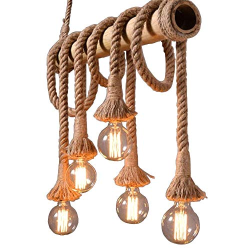 V.JUST Araña Retro de Cuerda de cáñamo, lámpara Colgante Loft Industrial, lámpara Colgante Antigua de época, 5 * E27 Edison Light, Cuerda de cáñamo y lámpara Colgante de bambú Luz de Cocina