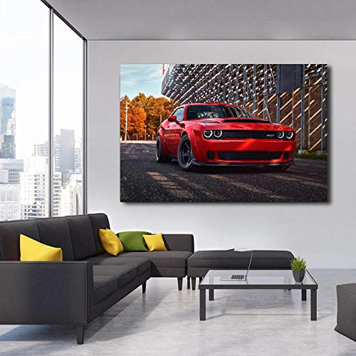 VVSUN Impresión HD Dodge Challenger SRT Demon Red Metallic Car Imagen Arte de la Pared Cartel de la Lona e Impresiones para la decoración de la Sala de Estar 60X90cm 24x36 Pulgadas Sin Marco