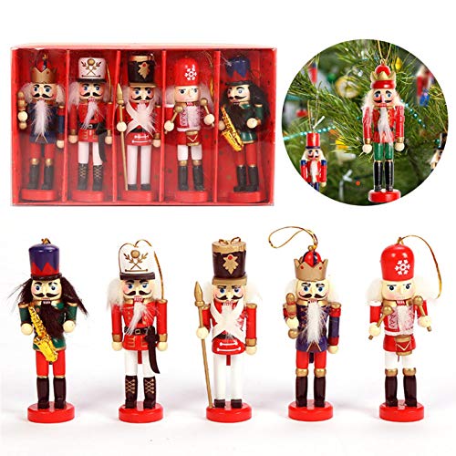 Wisson Juego de Adornos de Cascanueces de 5 Piezas, Decoraciones Colgantes de Soldado de Cascanueces de Madera para Figuras de árboles de Navidad, Regalos de Juguete de Marionetas