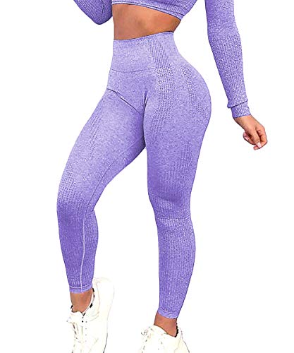 Yaavii Pantalones de Yoga sin Costuras para Mujer Leggings de Entrenamiento de Elevación de Cadera Cintura Alta para Correr Morado M.