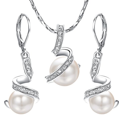 Yoursfs Chapado en Oro Blanco Conjunto de Collar y Pendiente Perlas Artificiales para Mujeres con Colgante de Bola de Cristal