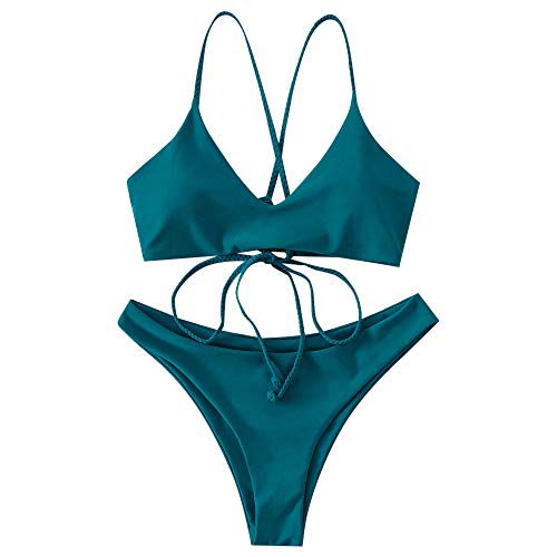 ZAFUL Bikini para mujer cruzado con lazo, acolchado, traje de baño azul verde M