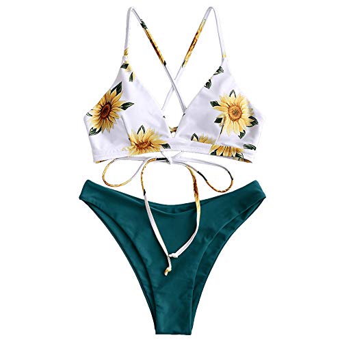 Zaful - Conjunto de bikini acolchado con diseño de girasol, tirantes con cordones verde azul S