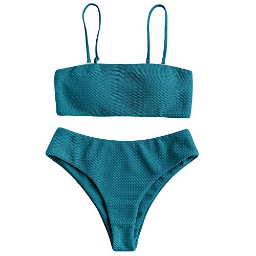 Zaful - Conjunto de bikini con tirantes, acolchado y texturizado para mujer azul verde S