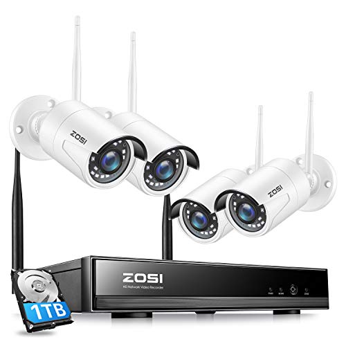 ZOSI 1080P Sistema de Vigilancia Inalámbrica 8CH H.265+ WiFi NVR con (4) Cámara de Seguridad Exterior, 30m Visión Nocturna, Detección de Movimiento, 1TB Disco Duro