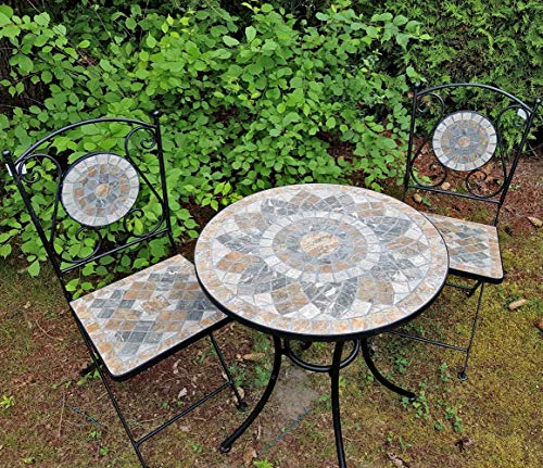 2x sillas y mesa de jardín de mosaico de piedra natural conjunto de muebles de balcón, resistente a las heladas para Interior y Exterior