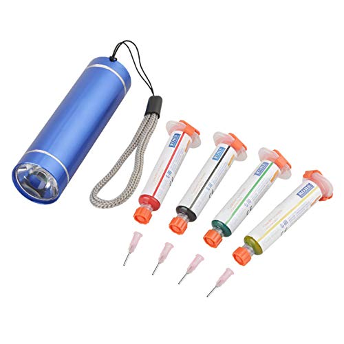 4 piezas de tinta de máscara de soldadura con linterna UV de curado, juego de herramientas de reparación de pasta líquida de soldadura de flujo de curado UV para tablero 4 piezas de tinta de máscara de soldadura con linterna UV de curado, juego de herramientas de reparación de pasta líquida de soldadura de flujo de curado UV para tablero
