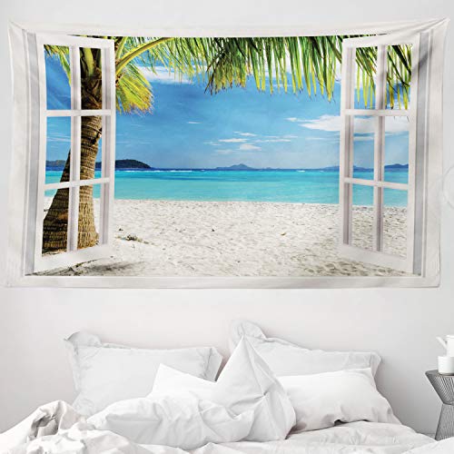 ABAKUHAUS Turquesa Tapiz de Pared y Cubrecama Suave, Palmeras Tropicales Isla Océano Playa A Través de Ventanas de Madera Blanca, Material Resistente, 230 x 140 cm, Blanco