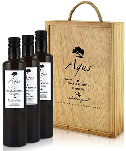 AGUS - Aceite de Oliva Virgen Extra Reserva 100% Arbequina - Selección Especial en Caja de Madera - 3x 500ml – Botella Cristal - Cosecha Temprana en Octubre de nuestra Finca en Aragón - Única Prensada